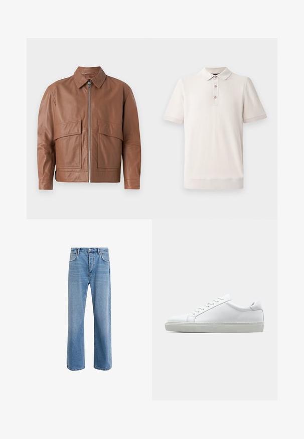 Jaqueta de couro castanha com colarinho, fecho frontal e dois grandes bolsos planos. Textura suave e design ligeiramente encurtado.; Camisa polo de manga curta em bege claro, com material texturizado, colarinho e pala de três botões; detalhes canelados nas mangas e na bainha.; Calças de ganga azul claro com um design de perna reta, cinco bolsos, fecho de botão, desgaste mínimo e detalhes de costura em contraste.; Sapatilha branca com um cabedal em couro liso e de perfil baixo. Apresenta um bico redondo, seis ilhoses e uma sola de borracha texturizada.