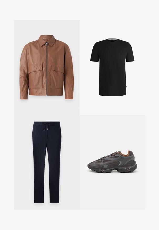 Brown leather jacket with a collar, front zipper, and two large flat pockets. Smooth texture and slightly cropped design.; Black short-sleeve t-shirt made of smooth cotton with a round neckline. Features a subtle brand label on the left side near the hem.; Navy blue trousers with a drawstring waistband, slim fit design, and smooth textured fabric. No visible patterns or accents.; Lacoste sneakers in dark gray with mesh and synthetic material, featuring a textured sole and brown accents on the collar and branding.