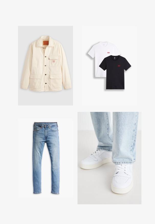 Cream-colored jacket made of cotton with a spread collar, front button closure, two large pockets, and a small logo patch on the chest.; Two short-sleeve t-shirts: one white and one black. Both made of cotton with a red Levi's logo on the chest. Simple crew-neck design.; Light blue denim jeans with a straight-cut design, five pockets, button closure, and subtle fading across the fabric.; White leather low-top sneakers with perforated toe, flat laces, and minimalistic design. Paired with light blue denim jeans.