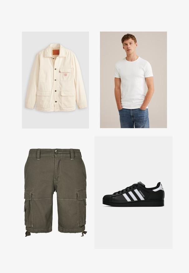 Krem kaput od pamuka s raširenim ovratnikom, prednjim zatvaranjem na dugmad, dva velika džepa i malim logom na prsima.; Mlađi muškarac s kratkom kovrčavom kosom, obučen u jednostavnu bijelu majicu s kratkim rukavima i plave traperice, stoji s rukama u džepovima.; Maslinasto zelene cargo kratke hlače izrađene od izdržljive tkanine, s više bočnih džepova, petljama za remen i šivenim detaljima za dodatnu teksturu.; Crne Adidas Superstar tenisice s bijelim prugama, konusom na vrhu i natpisom "Superstar" sa strane, prikazane u bočnom profilu na bijeloj pozadini.