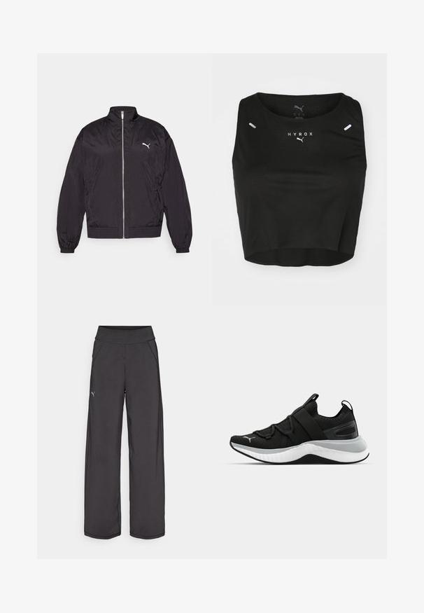 Veste bomber noire zippée, fabriquée en matériau léger, avec un col haut, des poignets élastiques et un petit logo blanc sur la poitrine gauche.; Débardeur noir court en tissu texturé, avec un col rond, un logo blanc et deux petits accents réfléchissants sur les épaules.; Pantalons de sport noirs avec une large ceinture, poches latérales et coutures plates. Présente un petit logo sur la jambe gauche. Fabriqué à partir d'un tissu lisse et extensible.; Botte de sport noire avec une tige texturée, des sangles élastiques et une épaisse semelle intermédiaire blanche. Elle présente une accentuation grise le long de la semelle.