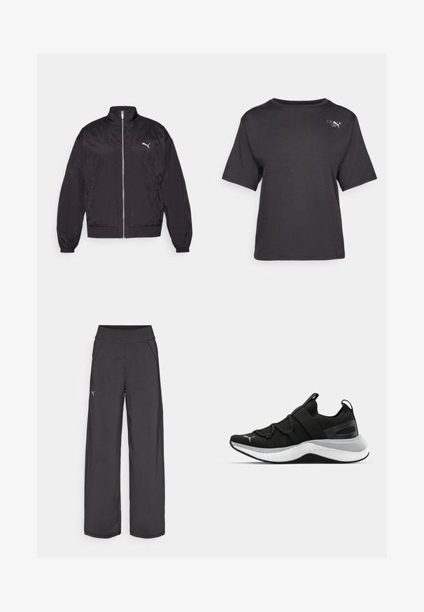 Fekete zipzáros bomber dzseki, könnyű anyagból, magas gallérral, elasztikus mandzsetíkkal és egy apró fehér logóval a bal mellen.; Fekete, rövid ujjú póló, puha anyagból készült, kerek nyakkivágással és egy kis logóval a bal felső oldalon.; Fekete sportnadrág széles derékpánttal, oldalsó zsebekkel és sík varratokkal. A bal lábon található egy kis logó. Sima, rugalmas anyagból készült.; Fekete sportcipő textúrázott felső résszel, rugalmas pántokkal és vastag fehér középtalppal. Szürke akcentussal rendelkezik a talp mentén.