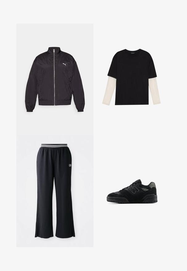 Black zip-up bomber jacket made of lightweight material, featuring a high collar, elastic cuffs, and a small white logo on the left chest.; Black T-shirt made of cotton, featuring short sleeves over a white long-sleeve layer with a subtle textured pattern. Crew neckline design.; Black athletic pants with a wide leg design, elastic waistband featuring black and white stripes, and side slits at the hem.; Black low-top sneaker with textured sole, lace-up design, suede panels, and patterned accents on heel and side logo.