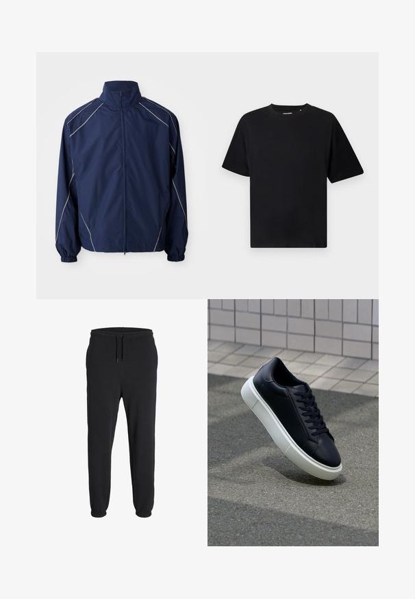 Jūras spēku vēja jakas, viegla materiāla, ar rāvējslēdzēju priekšpusē, augsts apkaklis, elastīgi aproces un pelēka akcenta stitchēšana gar šuvēm.; Melna īsām piedurknēm apģērbta augšdaļa ar apaļu kaklu un brīvu piegriezumu, izlikta uz baltā fona.; Melnas sporta bikses, kas izgatavotas no mīksta auduma, ar elastīgu jostu un auklu, kā arī elastīgām aprocēm pie potītēm.; Melnas ādas kedas ar noapaļotu pirkstu un baltu gumijas zoli. Iespējas - plakanas šņorītes un minimāla apdare augšdaļā. Struktūrēta zole, lai nodrošinātu saķeri.