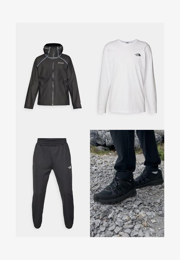 Schwarze wasserdichte Jacke mit Kapuze, kontrastierenden grauen Akzenten und einem Frontreißverschluss. Verfügt über versiegelte Nähte und verstellbare Manschetten.; Weißes langärmliges T-Shirt aus Baumwolle mit Rundhalsausschnitt. Verfügt über ein kleines schwarzes Logo auf der Brust. Glatte Textur, reguläre Passform.; Schwarze Jogginghose mit verstellbarem Bund, schlanker Passform, elastischen Bündchen und einem kleinen weißen Logo am linken Oberschenkel, hergestellt aus glattem Stoff.; Schwarze Outdoor-Schuhe aus Mesh und synthetischem Material, mit einer strukturierten Oberseite, gesichertem Schnürsystem und griffiger Laufsohle, auf felsigem Gelände.