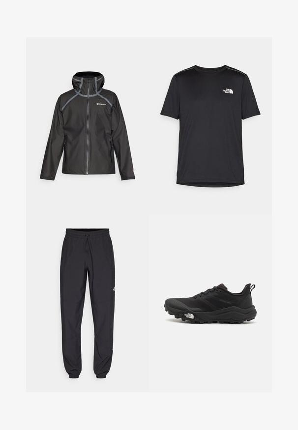 Veste imperméable noire avec capuche, accents gris contrastés et fermeture éclair avant. Équipée de coutures étanchées et de poignets réglables.; T-shirt noir à manches courtes en tissu léger. Présente un petit logo blanc sur la poitrine gauche et des accents subtils aux épaules.; Pantalon de sport noir en tissu léger, avec une taille à cordon, des poches latérales et des chevilles resserrées.; Chaussure de trail running noire avec une tige texturée, semelle en caoutchouc et bout renforcé. Présente un col rembourré et une tirette pour un enfilage facile.