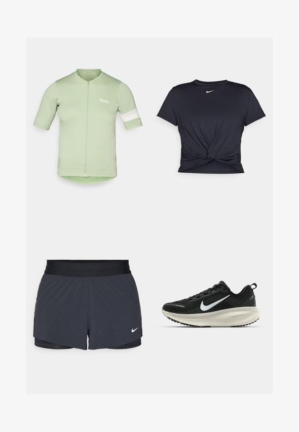 Ciklizam majica kratkih rukava u svijetlozelenoj boji, s prednjim zatvaračem, bijelim trakama na rukavima i laganom, rastezljivom tkaninom.; Crni trenirac s kratkim rukavima izrađen od glatkog materijala, s čvorastim dizajnom sprijeda i malim bijelim Nike logotipom na prsima.; Crne atletske kratke hlače s elastičnom stražnjicom, imaju slojeviti dizajn i mali bijeli Nike logo na donjoj lijevoj strani. Lagani materijal.; Crne Nike trkačke tenisice s prozračnom mrežastom gornjom konstrukcijom, bijelim swoosh logotipom, teksturiranim detaljima i kremastom ZoomX srednjom potplatnom jedinicom.