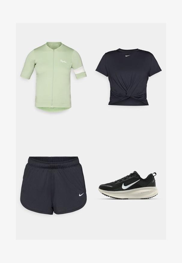 Cyklistický dres s krátkým rukávem ve světlé zelené barvě, s předním zipem, bílým pruhovaným akcentem na rukávech a lehkým, elastickým materiálem.; Černé sportovní tričko vyrobené z hladkého materiálu, s uzlovým designem vpředu a malým bílým logem Nike na hrudi.; Černé sportovní šortky vyrobené z lehké, prodyšné látky. Obsahují elastický pás a bílé logo Nike na dolní pravé straně.; Černá běžecká obuv Nike s prodyšným síťovaným svrškem, bílým logem swoosh, texturovanými detaily a krémovou mezipodešví ZoomX.