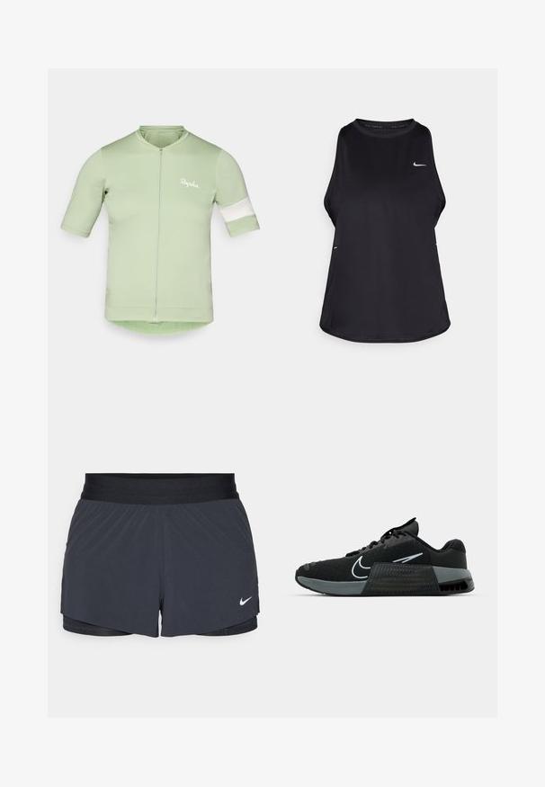 Maillot de cyclisme à manches courtes en vert clair, avec une fermeture éclair sur le devant, des accents en rayure blanche sur les manches et un tissu léger et extensible.; Débardeur de course sans manches noir, fabriqué dans un matériau léger, avec un col rond ; présente un logo discret et des fentes sur les côtés pour une meilleure respirabilité.; Shorts de sport noirs avec une taille élastique, dotés d'un design superposé et d'un petit logo Nike blanc en bas à gauche. Matière légère.; Chaussure de sport noire avec tige en maille, accents gris et semelle intermédiaire texturée. Présente un logo proéminent et un design à lacets. Semelle extérieure en caoutchouc pour une meilleure adhérence.