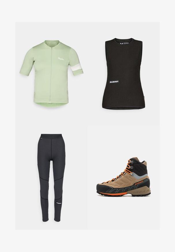 Maillot de cyclisme à manches courtes en vert clair, avec une fermeture éclair sur le devant, des accents en rayure blanche sur les manches et un tissu léger et extensible.; T-shirt sans manches noir avec un motif texturé, doté d'un col rond et d'un logo "MAMMUT" à l'avant. Fabriqué en matériau respirant.; Leggings de sport noirs avec des panneaux texturés et des coutures renforcées, présentant un logo de marque et une large ceinture élastique.; Botte de randonnée montante beige et noire avec des lacets orange, capuchon en caoutchouc sur le bout, tige texturée et semelle robuste. Présente un support de cheville renforcé.