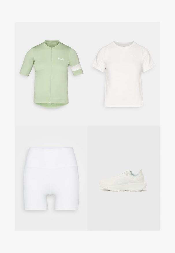 Kortærmet cykeltrøje i lys grøn med en lynlås foran, hvid stribeaccent på ærmerne og et let, strækbart stof.; Let T-shirt i let hvidt med korte ærmer, rund hals og et lille logo i øverste venstre hjørne. Glat stof med en subtil glans.; Hvide højtaljede shorts lavet af strækstof. Har en glat tekstur og en tætsiddende design, uden yderligere mønstre eller hardware.; Hvide sportsko med en tekstureret overdel, polstret krave og snørelukning. Har en buet sål og diskret branding på siden.