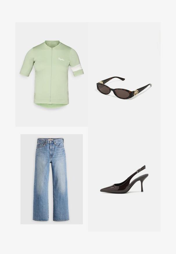 Jersey de ciclismo de manga corta en verde claro, con cremallera frontal, acento de franjas blancas en las mangas y un tejido ligero y elástico.; Top blanco sin mangas con tirantes ajustables, diseño ajustado, textura de tela suave y escote redondo. Sin patrones ni detalles de hardware.; Pantalones vaqueros de mezclilla de corte ancho en azul claro, con cintura alta, zonas desteñidas, cinco bolsillos y costuras en contraste. Cierre clásico con botón y cremallera.; Zapato de tacón alto tipo slingback en piel sintética brillante de color marrón oscuro, con punta afilada, laterales abiertos y correa ajustable en el tobillo.; Gafas de sol carey con lentes ovalados alargados, tintado marrón, acentos de logo dorado en las patillas y brazos negros elegantes.