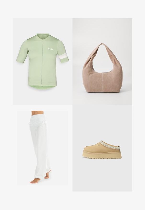 Cyklistický dres s krátkym rukávom v svetlozelenej farbe, ktorý má predný zips, biely pruh na rukávoch a ľahký, pružný materiál.; Biele top bez rukávov s nastaviteľnými ramienkami, priliehajúci strih, hladká textúra látky a okrúhly výstrih. Žiadne vzory ani kovové detaily.; Bielizňové, voľné nohavice s prehnutým pásom a šnúrkou na sťahovanie. Hladká textúra so bočnými švami, navrhnuté pre pohodlie a pohyblivosť.; Béžová semišová obuv na slip-on so vypolstrovaným golierom a textúrovaným svetlomodrým akcentom. Obsahuje hrubú, odolnú podrážku so vzorovaným dezénom.; Hobo taška z mäkkej semišovej látky v svetlej béžovej farbe. Má zaoblený tvar s širokým popruhom a zipsovým uzáverom.