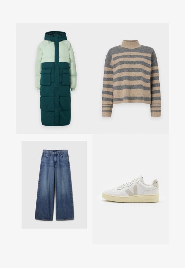 Pūkinis paltas su gobtuvu, pasižymintis šviesiai žaliu ir tamsiai žaliu blokavimo dizainu, dviem priekinėm kišenėm ir surištomis rankovėmis.; Dryžuotas mezginys su pilkos ir smėlio spalvomis, aukštu kaklu, plačiomis rankovėmis su atvartais ir laisvu siluetu, trumpesnio ilgio.; Platus mėlynos džinsinės kelnės su išblukusiu paviršiumi, su mygtukų ir užtrauktuko uždarymu, penkiomis kišenėmis ir diržo kilpomis.; Balti odiniai sportbačiai su kreminiais zomšos akcentais, perforuota pirštų dalimi, plokščiomis raišteliais ir struktūruota kreminėmis padomis. Ant kulno yra subtilus ženklinimas.