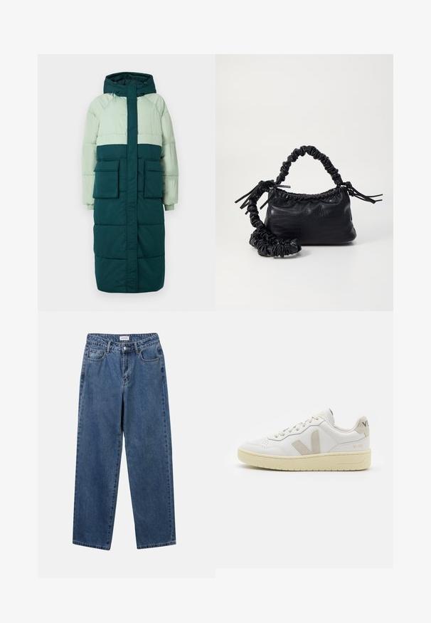 Puffjakke med hette, har en fargeblokkdesign i lysegrønn og mørk teal, to frontlommer, og ribbede mansjetter.; YAS YASMILLE - Poloskjorter - black/star white; Klassiske blå denimjeans med rett ben-design, fem lommer og knappelukking. Har en middels vask og solid tekstur.; Hvite lær sneakers med beige semsket detaljer, perforert tåboks, flate lisser og en teksturert kremfarget såle. Har subtil branding på hælen.; Svart faux skinn-håndveske med krokodilletekstur, strammet topp og en rynket stropp. Ser myk og kompakt ut i designen.