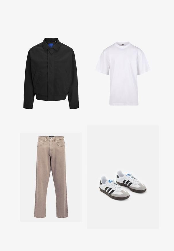 Melnas korduroja jaka ar pogu aizdari, divām sānu kabatām un punktveida apkakli. Izceļas ar ribotu tekstūru un nogriestu apakšmalu.; Balts kokvilnas T-krekls ar apaļu kakla izgriezumu, īsām piedurknēm un brīvu piegriezumu. Tam ir vienkāršs dizains bez rakstiem vai akcentiem.; Bežīgas taisnas kājas džinsi, izgatavoti no denima, ar klasisku piecu kabatu dizainu, šūtām akcentiem un tīru apakšmalu apdari.; Sporta apavi ar balto ādas virsu, pelēku zamšādas purngalu un trim melnām svītrām. Iezīmē zilu logotipu uz mēles un teksturētu gumijas zoli.