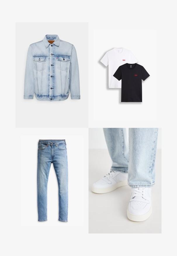 Lyseblå dongerijakke med knappelukking, to brystlommer med klaffer og sidelommer.; To korte ermesskjorter: en hvit og en svart. Begge laget av bomull med en rød Levi's-logo på brystet. Enkel rund hals-design.; Lyseblå denimjeans med rett snitt, fem lommer, knappelukking og subtil falming over stoffet.; Hvite lær lave sneakers med perforert tå, flate lisser og minimalistisk design. Kombinert med lyseblå denimjeans.