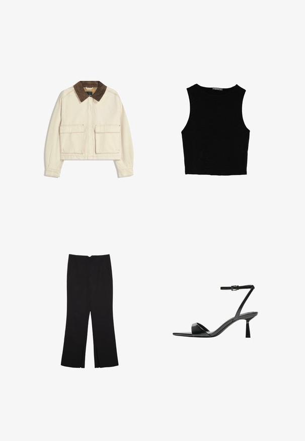 Zkrácená bunda z béžové bavlny s hnědým kordovým límcem, která má dvě přední kapsy a viditelné šití.; Černý bezsleeve crop top vyrobený z hladké tkaniny, s kulatým výstřihem a čistým, jednoduchým designem bez vzorů nebo kovových doplňků.; Černé kalhoty s rovným střihem, s předními kapsami a bočními rozparky na lemu. Vyrobené z jemné, hladké tkaniny. Vhodné na různé příležitosti.; Bershka Sandály na vysokém podpatku - black