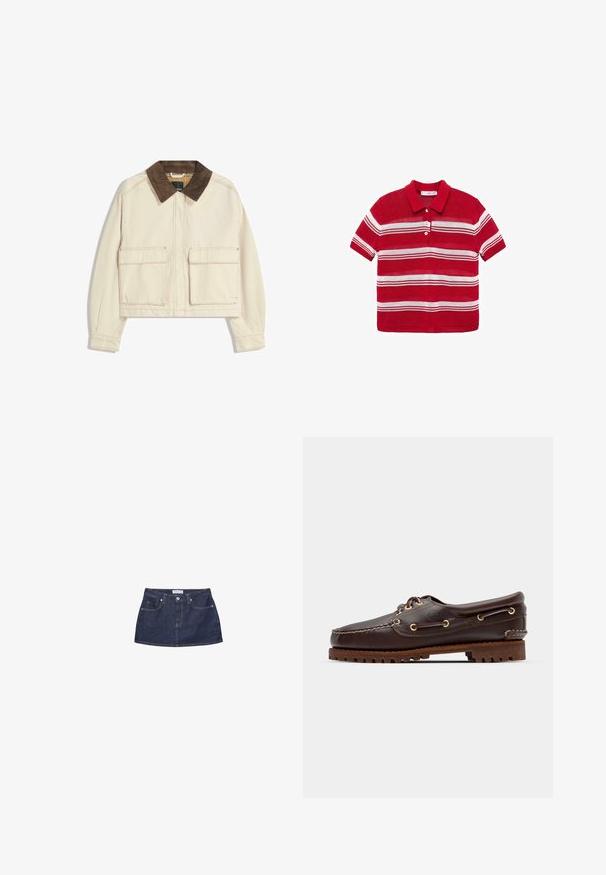 Kurze Jacke aus beigefarbenem Baumwollmaterial mit einem braunen Cordkragen, ausgestattet mit zwei aufgesetzten Taschen vorne und sichtbaren Nähdetails.; Rotes Poloshirt mit kurzen Ärmeln und weißen horizontalen Streifen sowie drei weißen Knöpfen auf der Vorderseite.; Dunkelblaute Denim-Minirock mit tailliertem Bund, Fronttaschen und einem Metallknopfverschluss. Glatte Textur und klassischer Schnitt.; Braune Lederbootsschuhe mit goldenen Ösen, runden Schnürsenkeln und einer strukturierten braunen Gummisohle. Verfügt über genähte Details und ein erhabenes Logo.