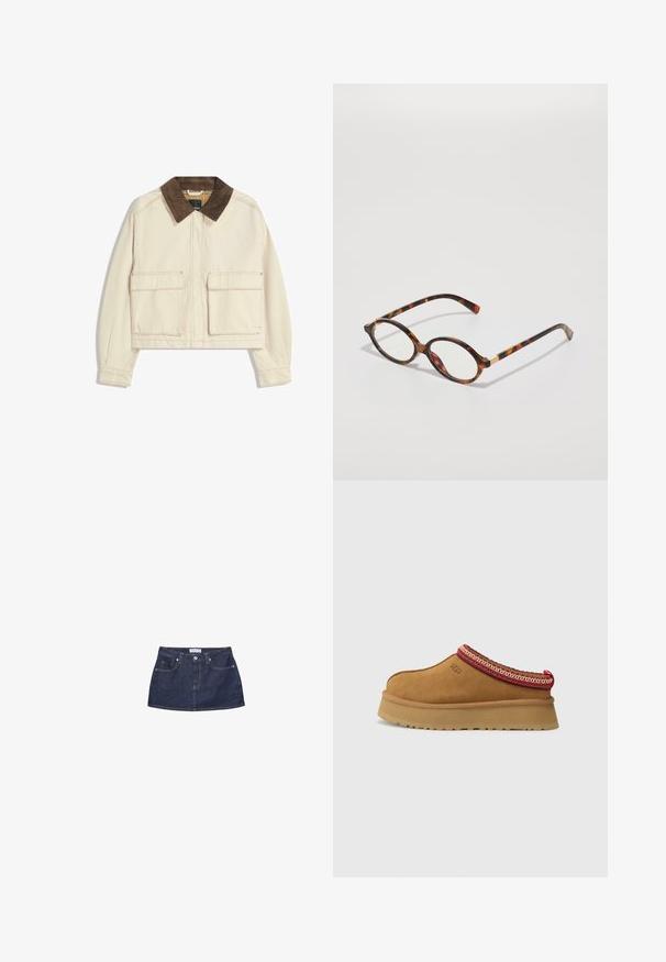 Zkrácená bunda z béžové bavlny s hnědým kordovým límcem, která má dvě přední kapsy a viditelné šití.; Červená polokošile s krátkým rukávem a bílými vodorovnými pruhy, se třemi bílými knoflíky na přední straně.; Džínová mini sukně v tmavě modré barvě s přiléhavým pasem, předními kapsami a kovovým zapínáním. Hladký materiál a klasický střih.; Hnědé semišové slip-on boty s červeným a krémovým vzorovaným lemem, texturovanou podrážkou a logem UGG po straně. Obsahují mírnou výšku platformy.; Kočičí brýle s oválnými rámy, průhlednými čočkami a zlatými akcenty. Mají zakřivené nožičky a hladký, lesklý povrch.; Hnědá pletená kožená kabelka s uvolněným trojúhelníkovým tvarem. Disponuje spleteným uchem a zipovým uzavíráním na vrchu.