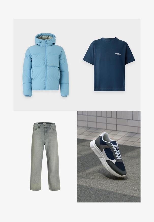 Jack & Jones JORVESTERBRO PUFFER JACKET - Winterjas - mountain spring; Navyblauw katoenen T-shirt met korte mouwen en een ronde hals. Heeft een klein wit logo op de linkerborst. Zachte textuur.; Lichtgrijze, loszittende spijkerbroeken van denim. Beschikt over een klassiek vijf-pocket ontwerp, riemlussen en een rechte pijp silhoët.; Sneaker met een marineblauwe mesh bovenwerk, grijze suède accenten, witte rubberen zool en platte witte veters, ontworpen voor comfort en ademend vermogen.