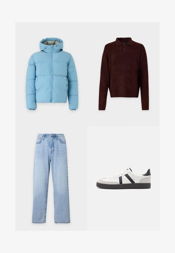 Jack & Jones JORVESTERBRO PUFFER JACKET - Veste d'hiver - mountain spring; Pull en maille brun avec col polo, trois boutons au cou, et manches longues. Texture douce, poignets et ourlet à côtes.; Jean en denim bleu clair avec une coupe droite, taille haute, cinq poches et fermeture par bouton supérieur. Présente un effet délavé et des coutures contrastées.; Baskets blanches avec des accents noirs et gris, présentant un embout texturé gris, une semelle en caoutchouc noir et des lacets plats blancs. Design épuré, style minimaliste.