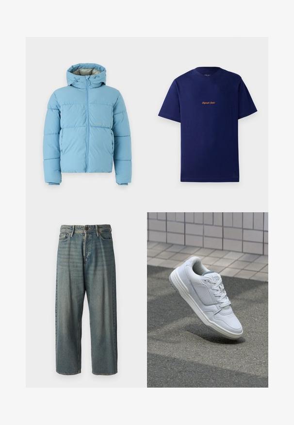 Jack & Jones JORVESTERBRO PUFFER JACKET  - Giacca invernale - mountain spring; Maglietta in cotone blu navy con maniche corte. Presenta un piccolo logo ricamato arancione sul petto. Design classico con colletto a girocollo.; Jeans di denim azzurro chiaro con vestibilità ampia, vita media e gambe dritte. Presenta cinque tasche, passanti per cintura e chiusura con bottone.; Sneaker bianca in pelle con lati perforati, accenti testurizzati, lacci piatti e tallone grigio a contrasto. Presenta una suola leggermente elevata.