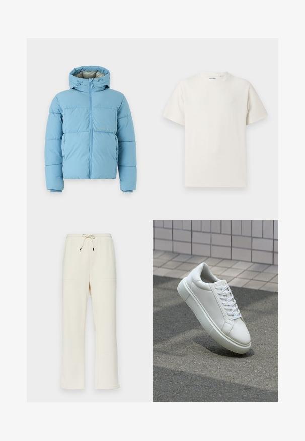 Jack & Jones JORVESTERBRO PUFFER JACKET - Veste d'hiver - mountain spring; T-shirt blanc à manches courtes en texture côtelée. Encolure ronde, coupe décontractée, sans motifs ni accents visibles. Design simple et polyvalent.; Pantalons de survêtement à côtes couleur crème avec une taille à cordon de serrage, dotés de deux poches latérales et d'une coupe droite.; Baskets en cuir blanc avec une surface lisse, bout rond et lacets plats blancs. Présentent une semelle en caoutchouc texturée et des éléments de design minimalistes.