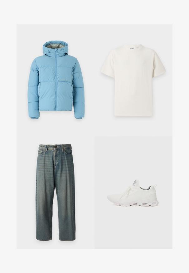 Jack & Jones JORVESTERBRO PUFFER JACKET - Winter jacket - mountain spring; White short-sleeve T-shirt in a ribbed texture. Round neckline, relaxed fit, no visible patterns or accents. Simple and versatile design.; Light blue denim jeans with a loose fit, mid-rise waist, and straight legs. Features five pockets, belt loops, and a button closure.; White athletic shoes featuring a textured knit upper, flat laces, and a cushioned sole with visible air chambers for added support.
