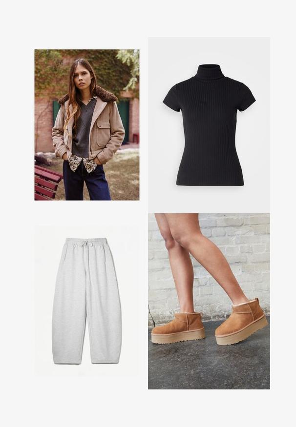 Béžová kordová bunda s hnedým kožušinovým golierom, vrstvená cez sivý sveter a košeľu s kvetinovým vzorom, doplnená tmavomodrými džínsami.; Čierny krátky rukáv turtleneck top vyrobený z rebrovaného materiálu, s úzkym strihom a vysokým golierom. Jednoduchý a textúrovaný vzor.; Svetlošedé tepláky s voľným strihom, elastickým pásom, šnúrkou a bočnými vreckami; vyrobené z mäkkej, štruktúrovanej látky.; Hnedé semišové kotníkové čižmy s mäkkou podšívkou, hrubou béžovou platformou a zadným pútkom na obutie. Textúrovaný povrch s viditeľnými švami.