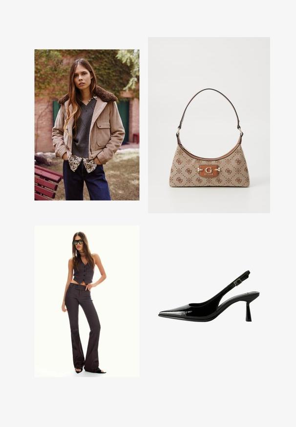 Beige Cordjacke mit einem braunen Fellkragen, über einem grauen Pullover und einem blumemusterte Hemd getragen, kombiniert mit dunkelblauen Jeans.; Weißes Langarm-Polohemd mit geknöpftem Kragen, Knopfleiste und gerippten Bündchen, aus weichem, leichtem Stoff gefertigt.; Braun gestreifter, taillierter Weste und ausgestellter Hose, mit Knöpfen und strukturiertem Stoff. Schwarze Sandalen mit offenen Zehen und übergroße Sonnenbrille.; Schwarze Lackleder Slingback-Pumps mit spitzem Zeh, ausgeschnittenen Seiten, verstellbarem Knöchelriemen und einem dünnen, eleganten Absatz.; Beige Stofftasche mit braunen gemusterten Akzenten. Sie hat eine geschwungene Form, einen einzelnen Tragegurt und ein Logo-Schild an der Vorderseite mit silberner Hardware.