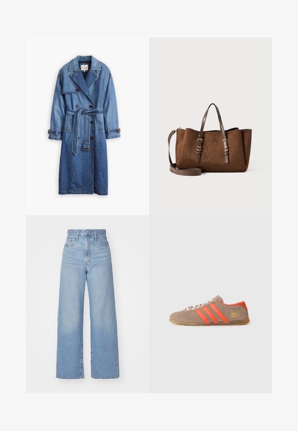 Denim trenchcoat i mellanblå färg med dubbelknäppt design, skärp i midjan, notch-krage och ärmslut med knappar.; Krämfärgad tröja med bruna horisontella ränder, med rund halsringning, beskuren nederkant och ribbade muddar. Mjuk stickad material.; Ljusblå högmidjade vida jeans med knapp- och dragkedjestängning, fram- och bakfickor, mot en vit bakgrund.; Bruna mockaskinnssneakers med tre klara orange ränder, snörning framtill och gyllene "Gazelle"-logotyp på sidan. Platt gummisula.; Brun mockaklädsel tote-väska med en strukturerad form, dubbla läderhandtag, justerbar axelrem och detaljer i guldton.