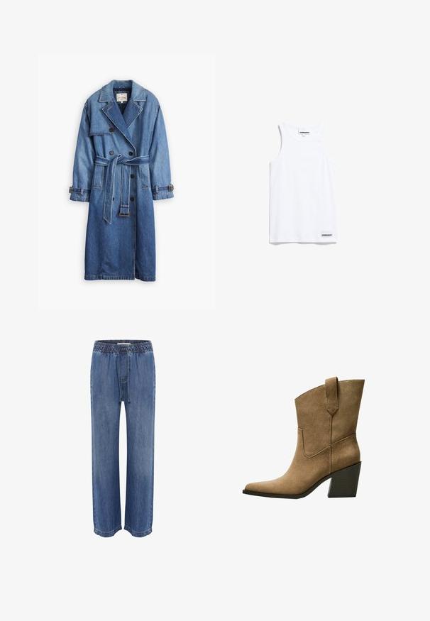 Jeans-Trenchcoat in mittlerem Blau mit doppelreihigem Design, Taillengürtel, Reverskragen und knöpfbaren Manschetten.; Weißes Tanktop aus Baumwolle. Verfügt über breite Träger und einen abgerundeten Halsausschnitt. Enthält ein kleines Markenlabel unten links.; Blaue Jeans mit elastischem Bund und Kordelzug, im lässigen Schnitt mit weitem Bein, glatter Textur und gesteppten Säumen.; Braune Wildleder-Stiefel im Cowboy-Stil mit einer spitzen Zehe, die einen mittelhohen Blockabsatz und einfache Nähte entlang der Seitennaht aufweisen.