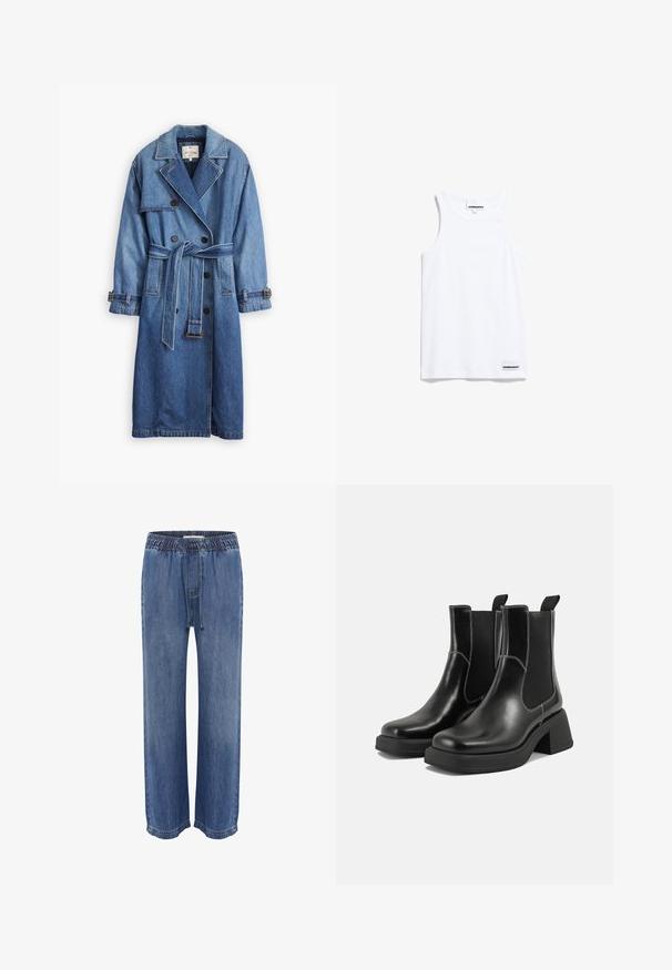 Cappotto trench in denim blu medio con design a doppio petto, vita con cintura, colletto a risvolto e polsini con bottoni.; Canottiera bianca in cotone. Presenta spalline larghe e un girocollo arrotondato. Include un piccolo etichetta del marchio in basso a sinistra.; Pantaloni in denim blu con vita elastica e cordoncino, caratterizzati da una vestibilità rilassata e gambe larghe, texture liscia e orli cuciti.; Stivali Chelsea in pelle nera con tacco spesso, pannelli elasticizzati sui lati e cuciture bianche a contrasto. Finitura testurizzata.