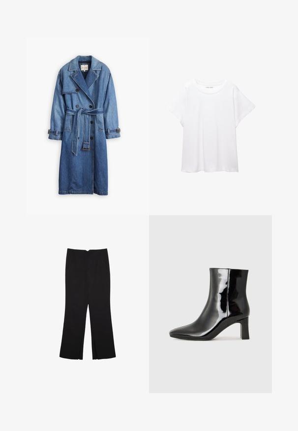 Cappotto trench in denim blu medio con design a doppio petto, vita con cintura, colletto a risvolto e polsini con bottoni.; T-shirt bianco realizzato in un tessuto morbido e leggero. Presenta un collo rotondo e maniche corte e larghe con vestibilità morbida. Nessun motivo visibile.; Pantaloni neri a gamba dritta, con tasche frontali e spacchi laterali all'orlo. Realizzati in tessuto morbido e liscio. Adatti a diverse occasioni.; Stivaletto in pelle verniciata nera con punta a punta e tacco a blocco di altezza media. Texture liscia e design minimalista.