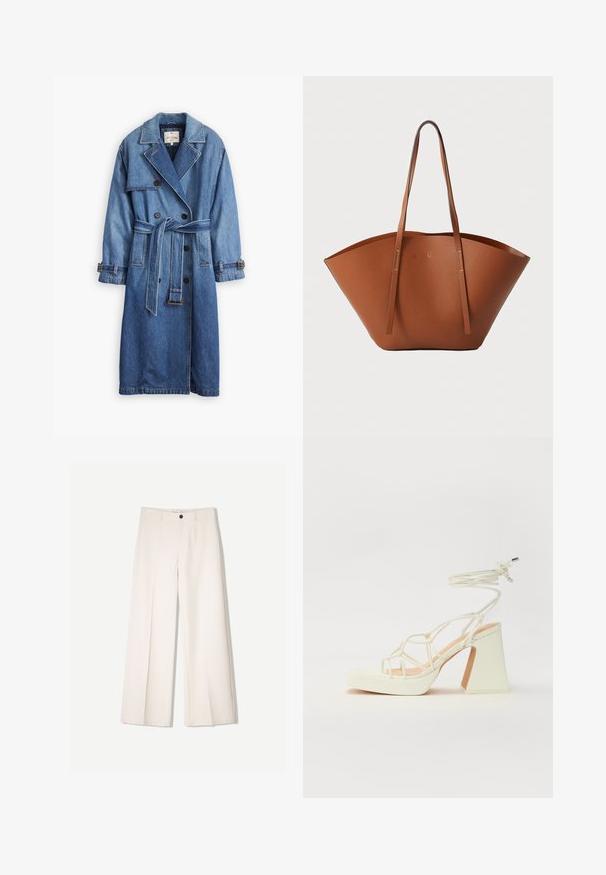 Jeans-Trenchcoat in mittlerem Blau mit doppelreihigem Design, Taillengürtel, Reverskragen und knöpfbaren Manschetten.; Weißes T-Shirt mit kurzen Ärmeln aus Baumwolle. Hat einen Rundhalsausschnitt und eine lockere Passform. Glatte Textur ohne sichtbare Muster oder Akzente.; Cremfarbene weitem Hosen mit maßgeschneidertem Design, ausgestattet mit zwei vorderen Taschen und einem vorderen Knopfverschluss, aus glattem Stoff gefertigt.; Weiße High-Heel-Sandale mit einem klobigen Absatz, die über ein Riemchendesign und ein Knöchelband verfügt. Glatte Textur mit einer Plattform vorne für zusätzliche Höhe.; Braune Leder-Tote mit einer breiten, strukturierten Form, dünnen Griffen und einer strukturierten Oberfläche. Bietet ein minimalistisches Design ohne sichtbare Beschläge.
