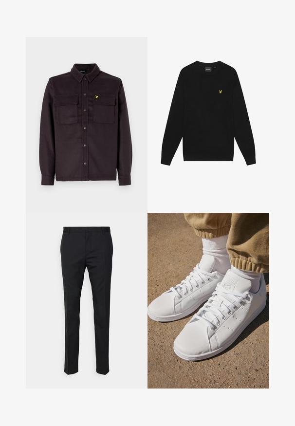 Ciemnofioletowa koszula-kurtka zapinana na guziki, wykonana z tkaniny o teksturowanym wykończeniu, z dwoma kieszeniami na piersi i małym żółtym logo.; Czarny bawełniany sweatshirt z długimi rękawami i okrągłym dekoltem. Posiada małe żółte logo orła na piersi. Miękka tekstura.; Czarne spodnie o prostym kroju, wykonane z gładkiego materiału. Posiadają szlufki na pasek oraz fałdę z przodu.; Białe skórzane sneakersy o gładkiej powierzchni, z klasycznym sznurowaniem, perforacjami zapewniającymi oddychalność oraz teksturowaną gumową podeszwą.
