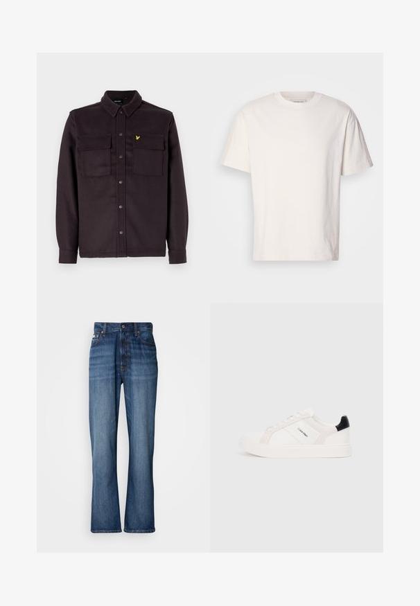 Tmavě fialová košile s límečkem, vyrobená z látky s texturovaným povrchem, s dvěma náprsními kapsami a malým žlutým logem.; Krémové bavlněné tričko s kulatým výstřihem. Krátké rukávy a volný střih. Na výstřihu má malé logo. Hladký povrch.; Modré džíny z denimu s vysokým pasem, rozšířenými nohavicemi, pětikapsovým designem a tónovaným šitím. Obsahují zapínání na knoflík a kovové nýty na kapsách.; Bílé tenisky s jemně růžovými a černými akcenty, s hladkou koženou a semišovou částí, kulatou špičkou a plochou gumovou podrážkou.