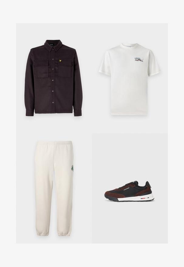 Dark purple button-up shirt jacket, made of fabric with a textured finish, featuring two chest pockets and a small yellow logo.; White cotton T-shirt with a round neckline, short sleeves, and a small embroidered logo featuring mountains and text on the left chest.; Light beige sweatpants made of cotton, featuring an elastic waistband, ribbed cuffs, and a green logo with leaf design on the left leg.; Tommy Hilfiger RETRO RUNNER MIX - Trainers - black/cocoa