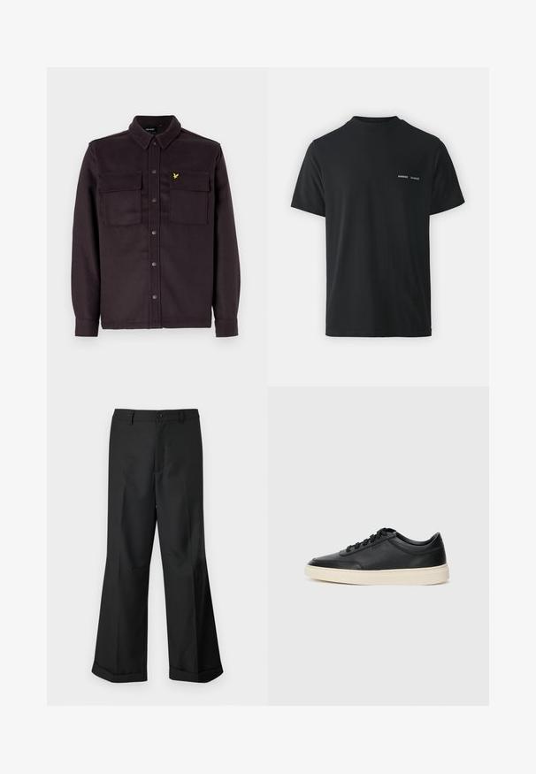 Tume lilla nööbiga särk-jakk, millel on tekstuuriga viimistlus, kaks rinna-taskut ja väike kollane logo.; Must must t-särk klassikalise ümmarguse kaelusega, lühikeste varrukatega ja vasakul rinnal kaks väikest valget "SAMSØE" logo.; Mustad laiad püksid nupuga vöökoha ja cuffidega hemmed, esitatud lihtsa valge tausta taustal.; Mustad musta nahast madal sneaker mustade nööpidega ja kreemivalge tallaga, nähtud külgprofiilis valge tausta ees.