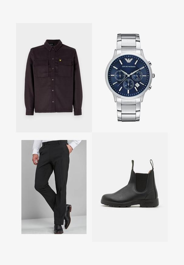Tumši purpursarkans uzvalka krekls-jaka, izgatavota no auduma ar teksturētu apdari, ar divām krūšu kabatām un mazu dzeltenu logotipu.; Baltas garām piedurknēm T-krekls, izgatavots no kokvilnas. Tam ir apaļa kakla izgriezne, ribotas piedurknes un neliels tumši zilas polo logo kreisajā krūtī.; Melnas bikses ar piegriezumu, kas akcentē figūru, ar gludu tekstūru, taisnām kājām un jostu cilpiņām, kombinētas ar mirdzošām melnām apaviem.; Melna ādas Čelsijas zābaks ar elastīgiem sānu paneļiem, cilpiņu, izturīgu gumijas zoli un izšuvumiem. Visā virsmā gluda tekstūra.; Emporio Armani Pulkstenis ar hronogrāfu - silver-coloured