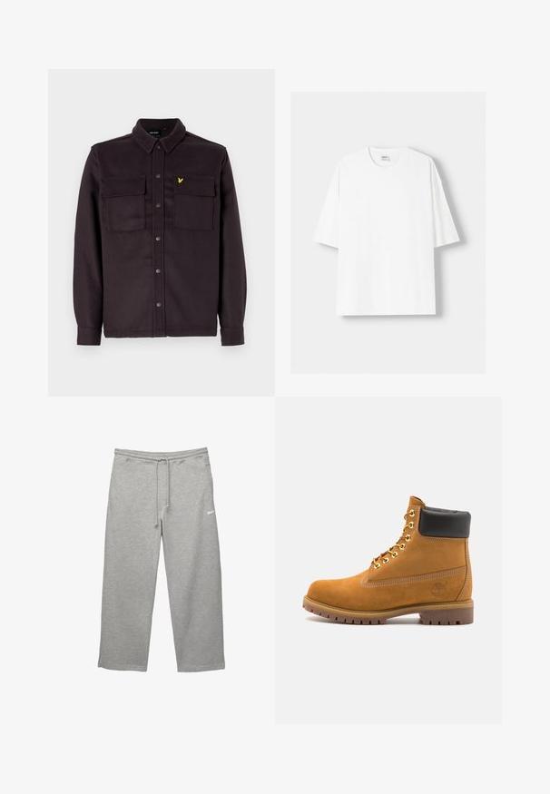 Dunkelviolette Hemdjacke, aus einem Stoff mit strukturiertem Finish, mit zwei Brusttaschen und einem kleinen gelben Logo.; Weißes kurzärmliges T-Shirt aus Baumwolle mit Rundhalsausschnitt und lockerer Passform. Glatte Textur, ohne sichtbare Muster oder Akzente.; Graue Sweatpants aus weichem Stoff mit elastischem Bund, verstellbarem Kordelzug und Seitentaschen. Mit einem kleinen weißen Logo.; Beige Wildleder-Ankle-Boot mit schwarzem gepolstertem Kragen, goldenen Metallösen, weißen Nähdetalben und einer robusten Gummisohle mit ausgeprägtem Profil.