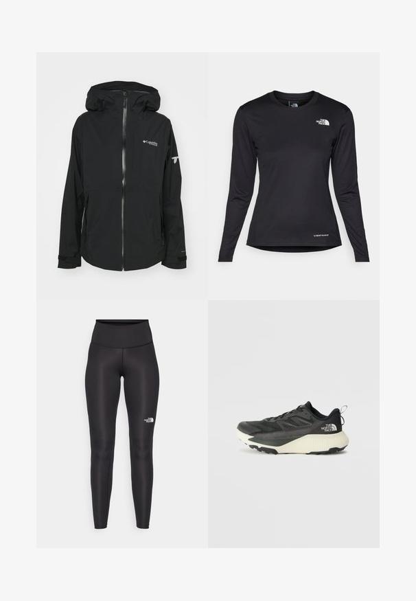 Giacca nera impermeabile con zip frontale, cappuccio regolabile e loghi del marchio. Presenta maniche lunghe con chiusure ai polsini e un design slim.; The North Face SHADOW LONG SLEEVE - Maglietta a manica lunga - black; Leggings neri a vita alta con una texture liscia e elastica. Presentano un piccolo logo bianco sulla gamba. Progettati per l'abbigliamento sportivo.; Scarpa da ginnastica nera con tomaia testurizzata, con accenti grigi e un sottopiede bianco. Include una linguetta sul retro e un logo del marchio ben visibile sul tallone.