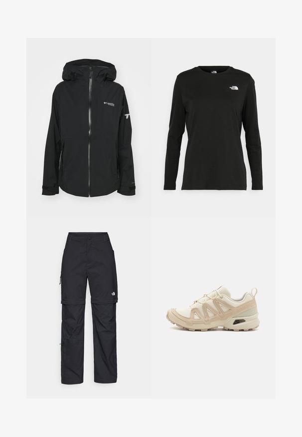 Schwarze wasserdichte Jacke mit einem Front-Reißverschluss, verstellbarem Kapuze und Markenlogos. Verfügt über lange Ärmel mit Bündchen und hat ein schlankes Design.; Schwarzes Langarm-T-Shirt aus Baumwolle mit Rundhalsausschnitt. Verfügt über ein kleines weißes Logo auf der linken Brustseite. Einfaches Design und Passform.; Schwarze Nylon-Zip-Off-Cargohosen mit verstellbaren Bündchen, mehreren Taschen und einem Logo am rechten Bein. Glatte, leichte Textur.; Beige und cremefarbenen Sportschuh mit strukturiertem Mesh-Obermaterial, unterstützenden Überzügen und Gummisohle mit einem Profilmuster für Bodenhaftung.