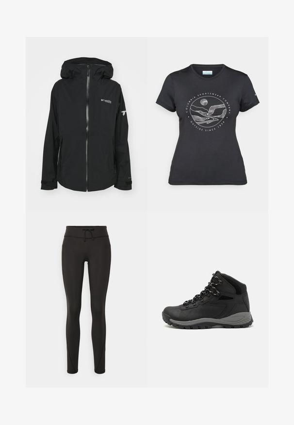 Black waterproof jacket with a front zipper, adjustable hood, and branded logos. Features long sleeves with cuff fasteners and a slim design.; Black Columbia t-shirt with white circular mountain and river line art and text "Columbia Sportswear Company Outside Since 1938."; Black leggings with a high waistband, drawstring, smooth texture, and fitted design. Features stitching details along the sides.; Black hiking boot with a mid-top design, featuring a textured upper, gray accents, and durable rubber sole with traction lugs.