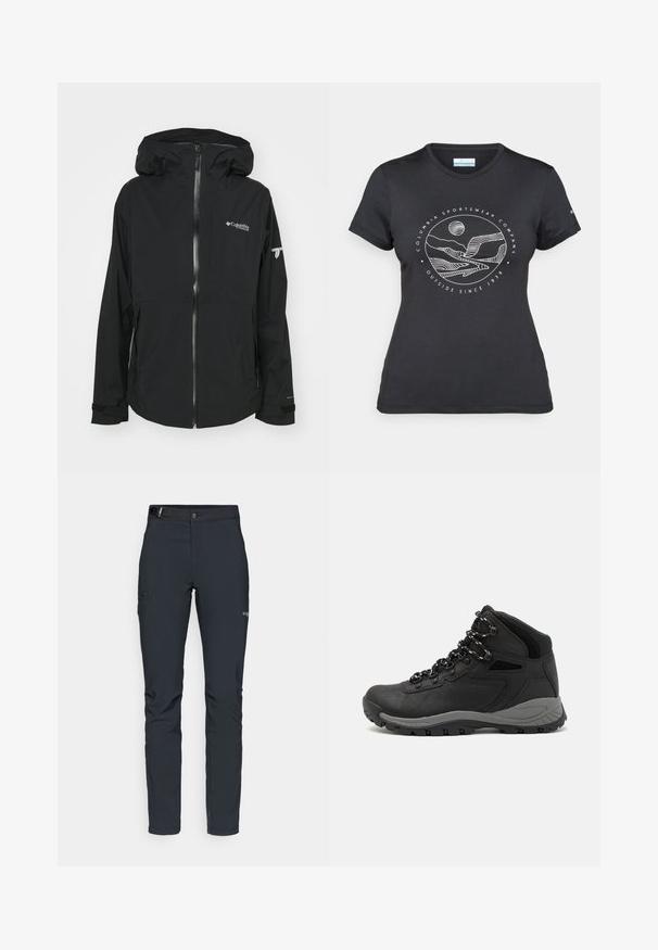 Črna vodoodporna jakna z sprednjim zadrgo, nastavljivo kapuco in znamčenimi logotipi. Ima dolge rokave z zapiranjem na zapestju ter slim fit obliko.; Črna majica Columbia z belim krožnim risanjem gora in reke ter napisom "Columbia Sportswear Company Outside Since 1938."; Moške zunanje hlače, temno siva, izdelane iz fleksibilnega materiala, z pasom, žepom na zadrgo in ojačanim šivanjem.; Črne pohodniške čevlje z srednje visokim dizajnom, ki imajo teksturirano zgornji del, sivi dodatki in vzdržljiv gumen podplat s protizdrsnimi izboklinami.