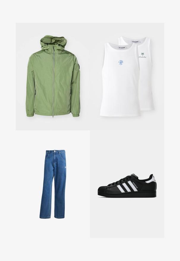 Lightweight, hooded jacket in a light green color, featuring elastic cuffs, a front zip closure, and a subtle sheen. Two side pockets included.; Two white tank tops, ribbed texture, featuring blue and green embroidered logos. One has a sun design, the other a palm tree.; Blue high-waist wide-leg denim jeans with front pockets, belt loops, button closure, and small Adidas logo on the right thigh.; Black Adidas Superstar sneaker with white stripes, shell toe, and "Superstar" text on side, shown in side profile on white background.