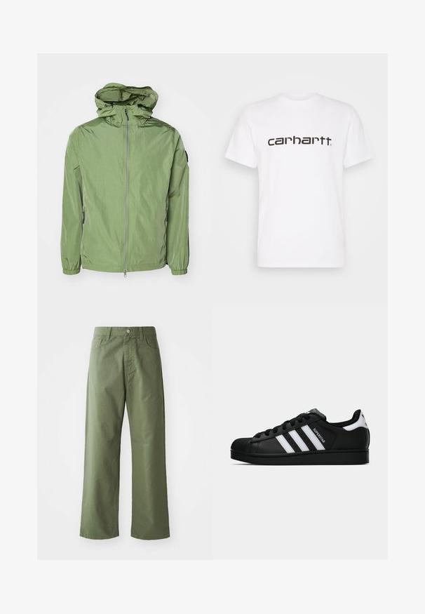 Könnyű, kapucnis dzseki világos zöld színben, rugalmas mandzsettákkal, elöl cipzárral és egy enyhe fénylő felülettel. Két oldalzseb található.; Fehér pamut póló rövid ujjakkal és kerek nyakkivágással. Nagy, sötétbarna "carhartt" logó található a mellkason.; Olíva zöld, bő szárú pamut nadrág. Övlyukakkal, elülső gombos záródással és oldalsó zsebekkel rendelkezik. Simaszerkezet.; Fekete Adidas Superstar sportcipő fehér csíkokkal, kagyló orral és "Superstar" felirattal az oldalán, oldalról bemutatva, fehér háttér előtt.