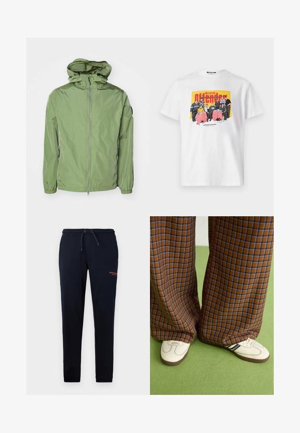 Kevyt, hupullinen takki vaaleanvihreässä värissä, jossa on joustavat hihansuut, etuvetoketjukiinnitys ja hienostunut kiilto. Mukana on kaksi sivutaskua.; Valkoinen puuvillapaita, jossa on värikäs graafinen kuvasto ryhmästä pöydän ääressä, punavalkoiset ruudulliset pöytälakamat ja teksti "WEEKEND OFFENDER."; Laivasto siniset joggerit, jossa on naru vyötäröllä, sivutaskut, kapenevat lahkeet ja oikeassa reidessä oranssi teksti "WEEKEND OFFICER". Pehmeä puuvillasekoitemateriaali.; Ruskonsin ja sininen ruutukuvioinen leveälahkeinen housut yhdistettynä valkoisiin kenkiin, joissa on mustia yksityiskohtia ja tekstuuripohjat, vihreää taustaa vasten.