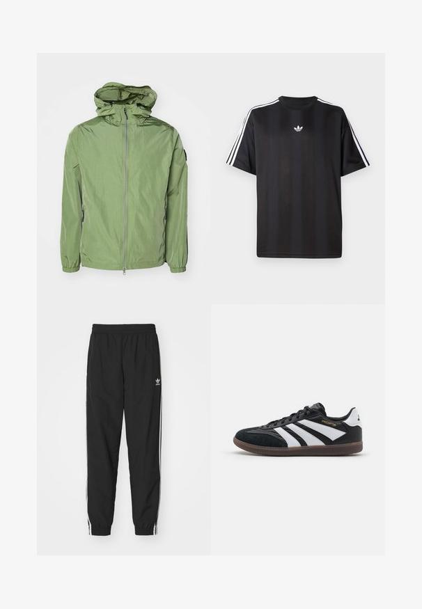 Ľahká, kapucňová bunda v svetlozelenom odtieni, so elastickými manžetami, predným zipsom a jemným leskom. Obsahuje dve bočné vrecká.; Čierne tričko s krátkym rukávom a bielymi trojpruhmi na pleciach a malým bielym logom na hrudi. Hladká textúra látky.; Čierne športové nohavice s elastickým pásom a manžetami, s bielymi bočnými pruhmi a malým bielym logom Adidas na ľavom boku.; Čierne a biele športové topánky so zvrškom z semišu a syntetického materiálu, s tromi výraznými bielymi pruhmi, gumovou podrážkou a zlatým textom "Predator".